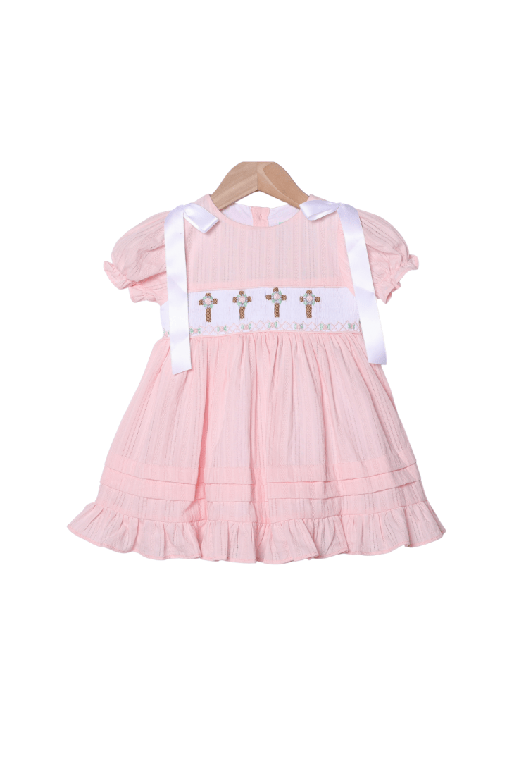 The Smocked Flamingo Smocked Pink Linen Cross Dress