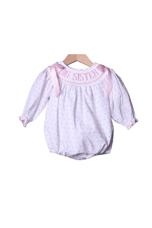 The Smocked Flamingo Smocked PINK Swiss Dot Big Sister Long Sleeve Bubble