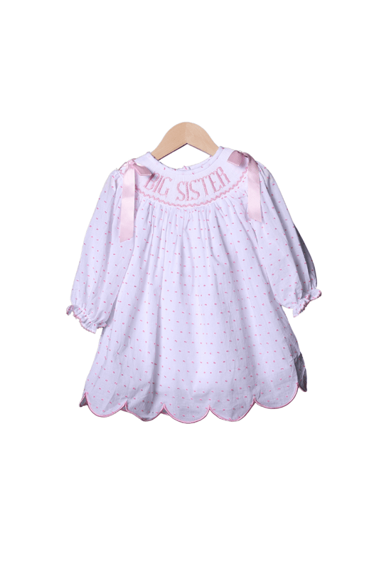 The Smocked Flamingo Smocked PINK Swiss Dot Big Sister Long Sleeve Dress