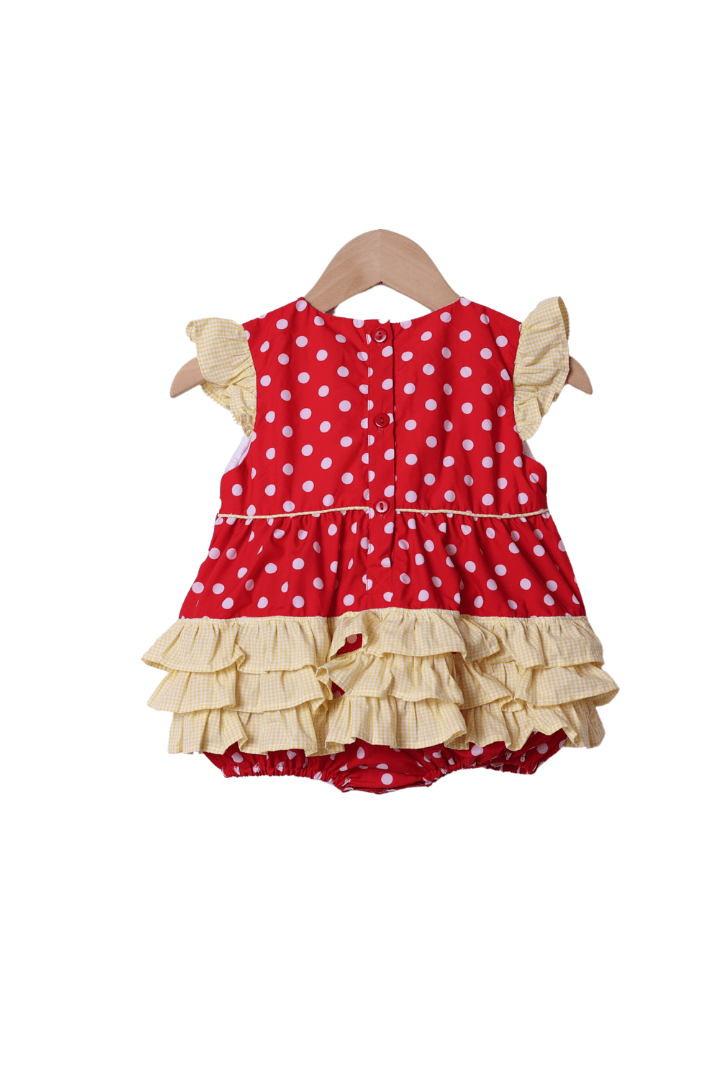 The Smocked Flamingo Smocked Polka Dot Mouse Red Ruffle Bubble