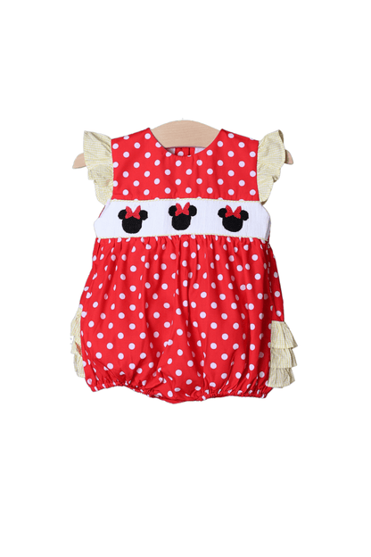 The Smocked Flamingo Smocked Polka Dot Mouse Ruffle Bubble