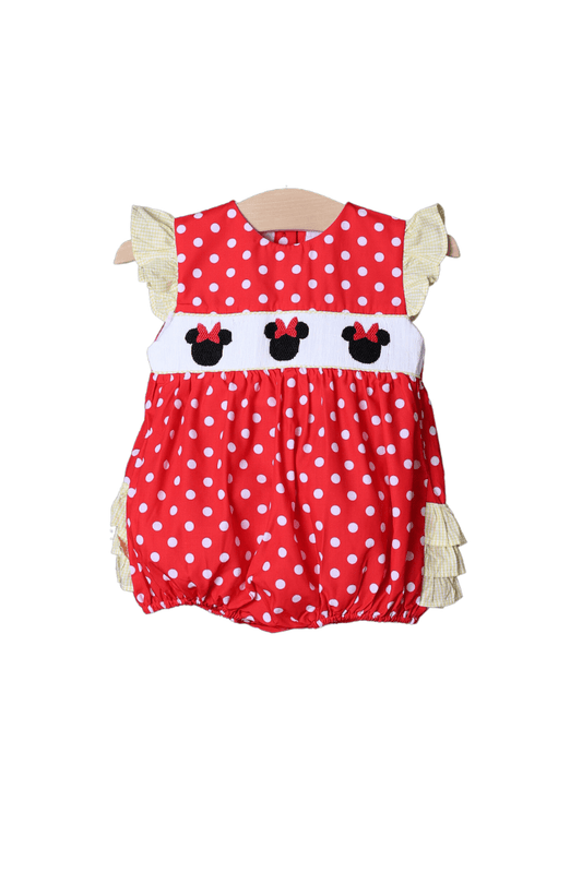 The Smocked Flamingo Smocked Polka Dot Mouse Ruffle Bubble