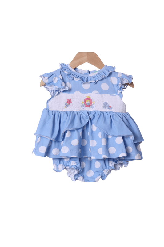 The Smocked Flamingo Smocked Princess Carriage Blue Polka Dot Bloomer Set