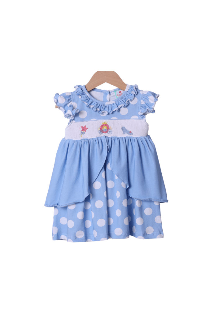 The Smocked Flamingo Smocked Princess Carriage Blue Polka Dot Dress