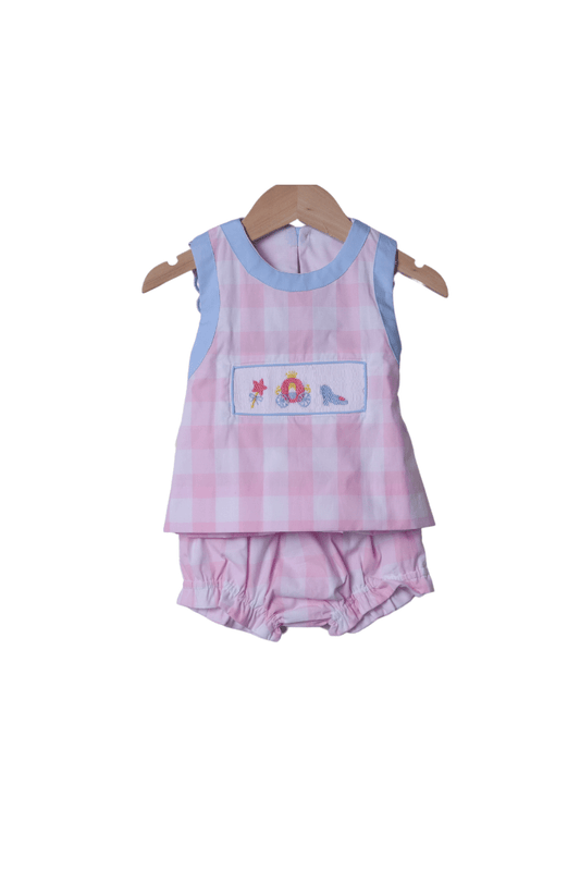 The Smocked Flamingo Smocked Princess Carriage Pink Gingham Bloomer Set