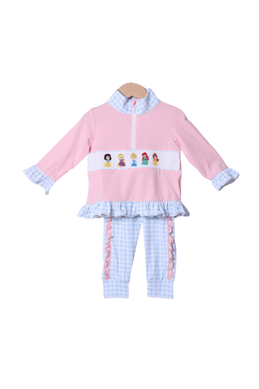 The Smocked Flamingo Smocked Princess Pink/Blue Gingham Pant Set