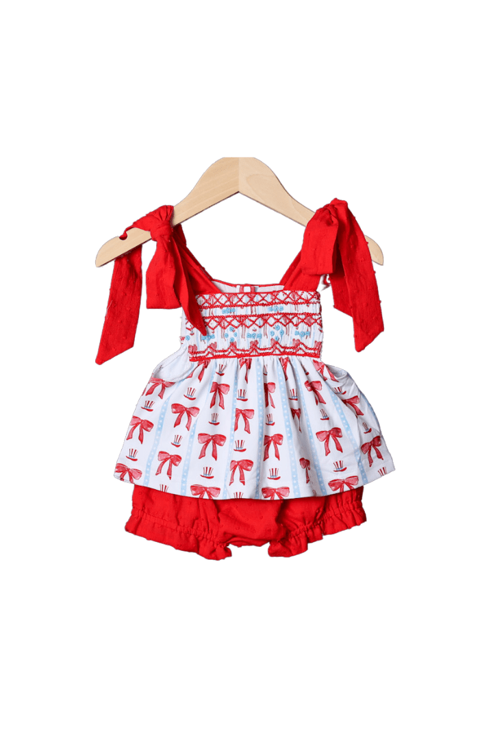 The Smocked Flamingo Smocked Red, White and Bow Heirloom Bloomer Set