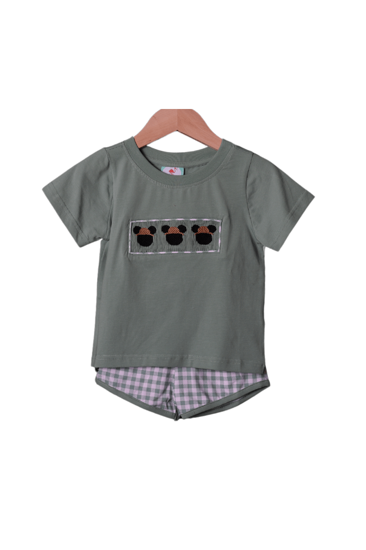 The Smocked Flamingo Smocked Sage Gingham Safari Mouse Short Set