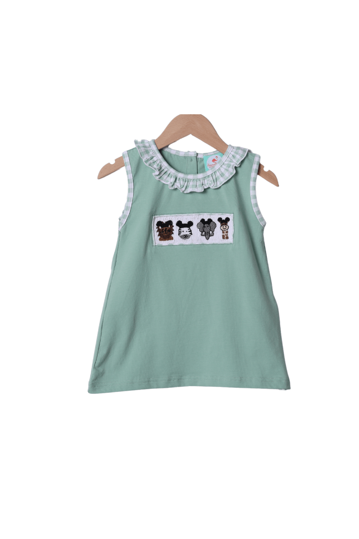 The Smocked Flamingo Smocked Sage Safari Animals Mouse Dress