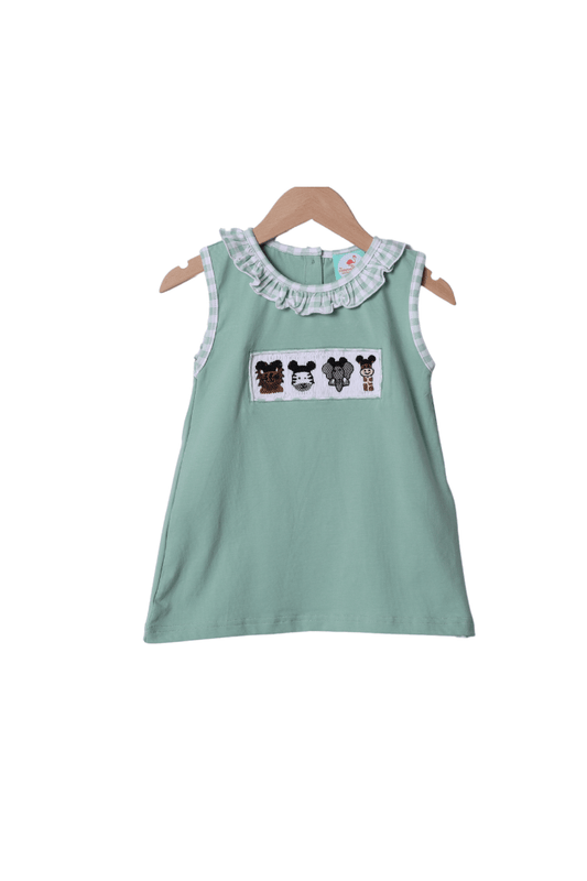 The Smocked Flamingo Smocked Sage Safari Animals Mouse Dress