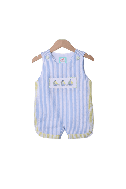 The Smocked Flamingo Smocked Sailboat Blue/Yellow Jon Jon