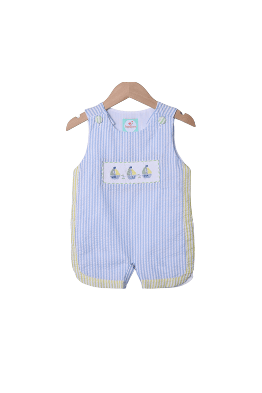 The Smocked Flamingo Smocked Sailboat Blue/Yellow Jon Jon