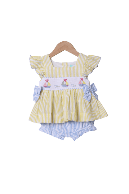 The Smocked Flamingo Smocked Sailboat Blue/Yellow Ruffle Bloomer Set