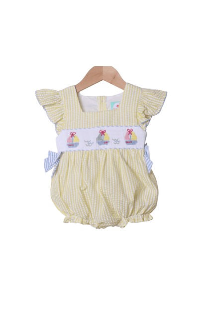 The Smocked Flamingo Smocked Sailboat Blue/Yellow Ruffle Bubble