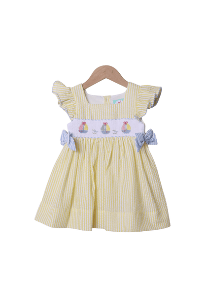 The Smocked Flamingo Smocked Sailboat Blue/Yellow Ruffle Dress