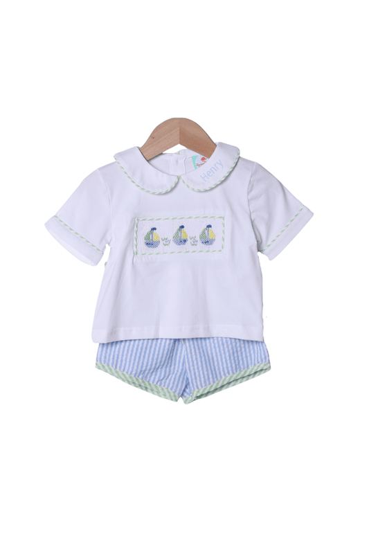 The Smocked Flamingo Smocked Sailboat Blue/Yellow Seersucker Short Set