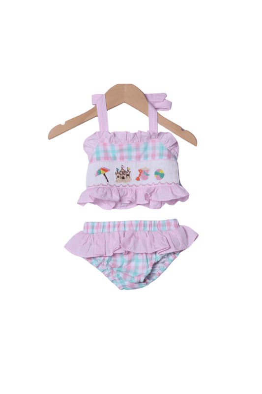 The Smocked Flamingo Smocked Sand Castle Gingham 2 Piece Swimsuit