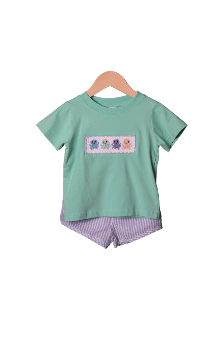 The Smocked Flamingo Smocked Seersucker Octopus Short Set