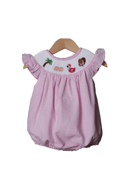 The Smocked Flamingo Smocked Summer Fun Pink Seersucker Bubble