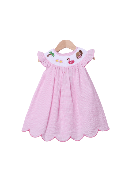 The Smocked Flamingo Smocked Summer Fun Pink Seersucker Dress