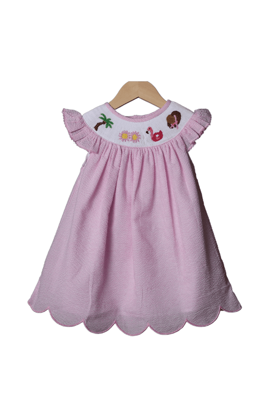 The Smocked Flamingo Smocked Summer Fun Pink Seersucker Dress