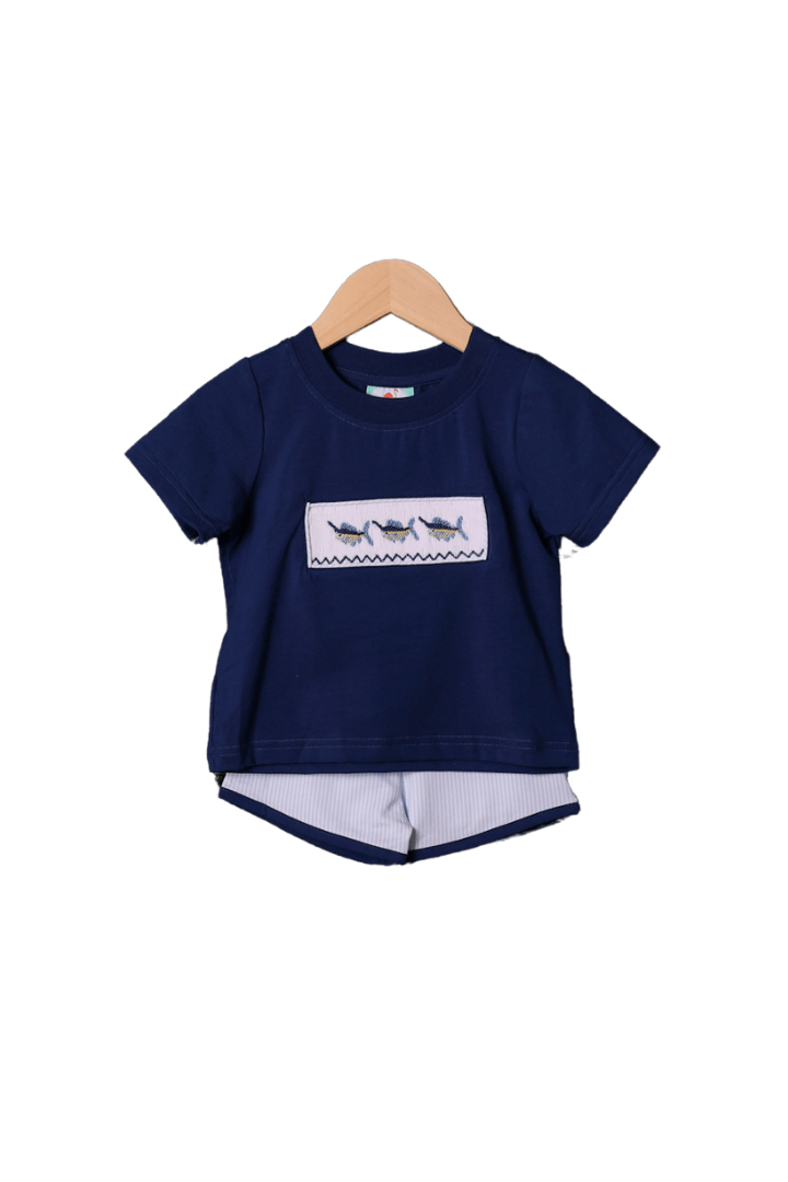 The Smocked Flamingo Smocked Swordfish Blue Stripe Short Set