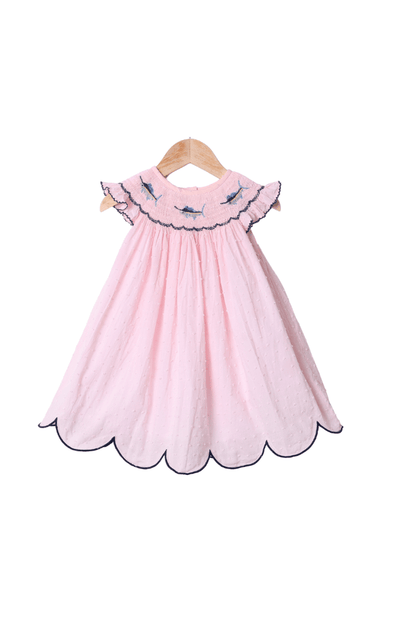 The Smocked Flamingo Smocked Swordfish Pink Swiss Dot Dress