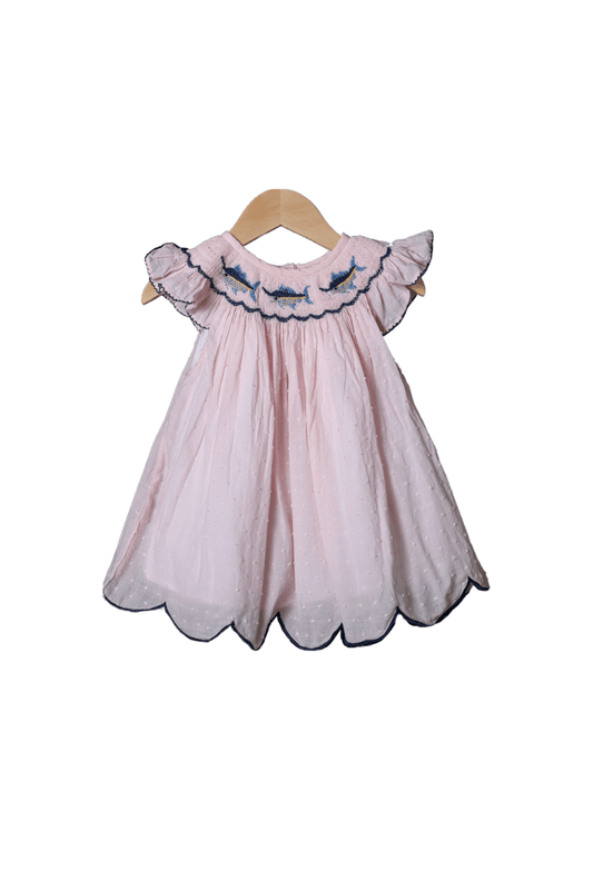 The Smocked Flamingo Smocked Swordfish Pink Swiss Dot Dress