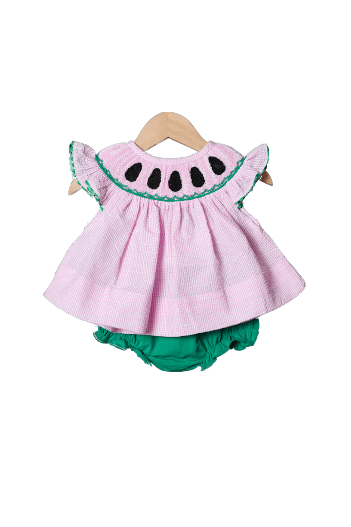 The Smocked Flamingo Smocked Watermelon Seersucker Bloomer Set