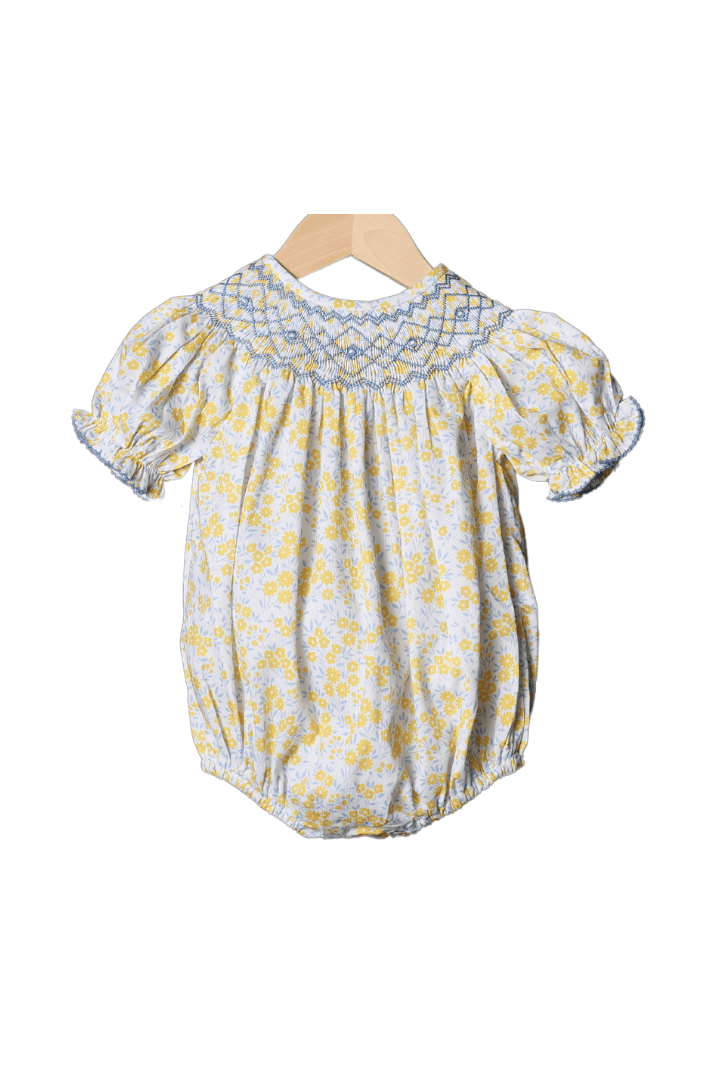 The Smocked Flamingo Smocked Yellow Floral Heirloom Short Sleeve Bubble