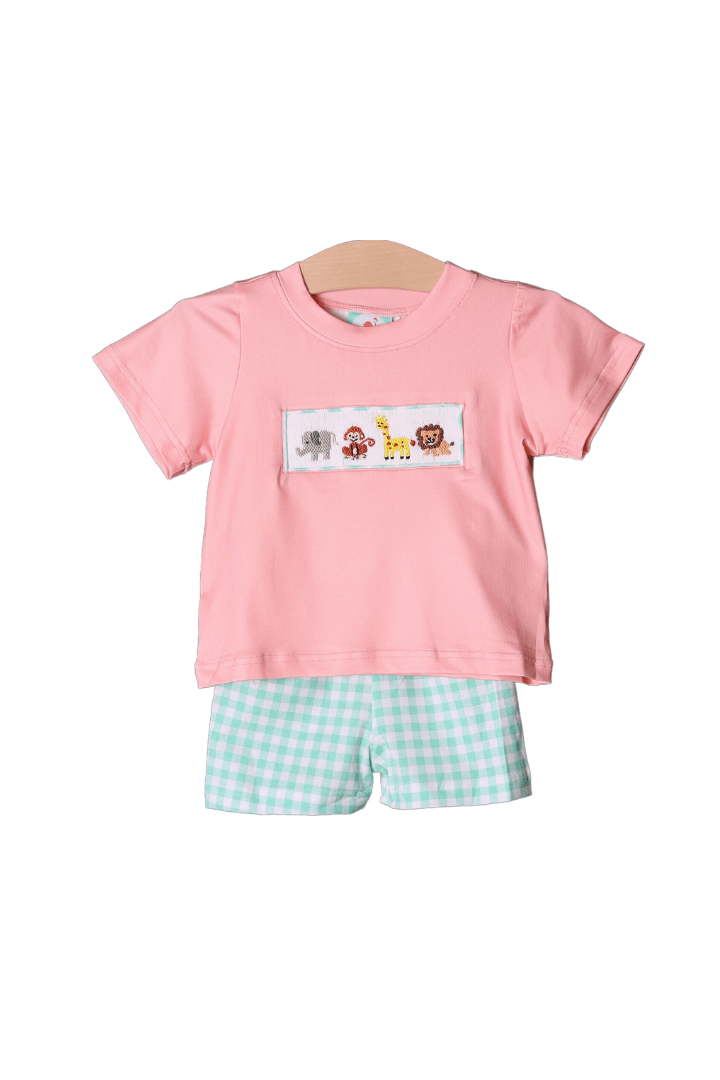 The Smocked Flamingo Smocked Zoo Friends Mint Gingham Short Set