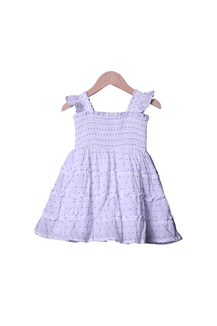 The Smocked Flamingo White and Blue Swiss Dot Little Girl Matching Dress