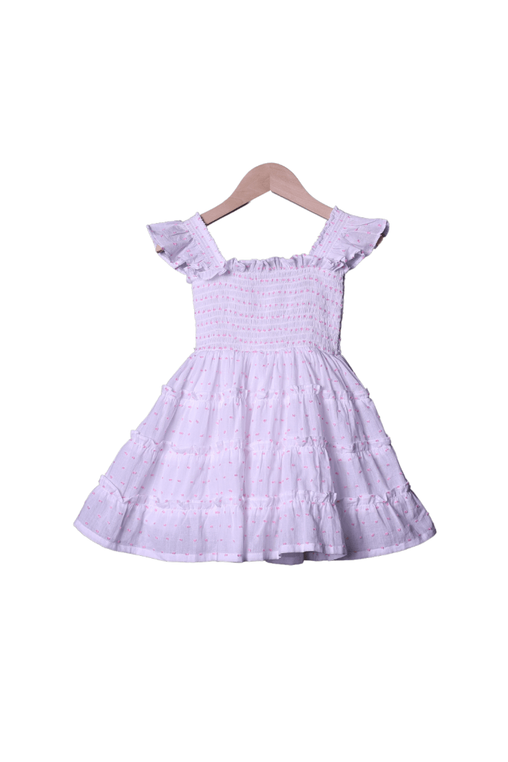 The Smocked Flamingo White and Pink Swiss Dot Little Girl Matching Dress