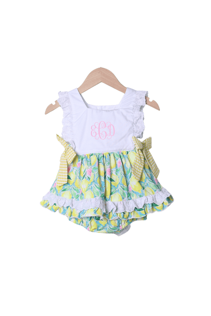 The Smocked Flamingo Yellow and Pink Lemon Ruffle Bubble
