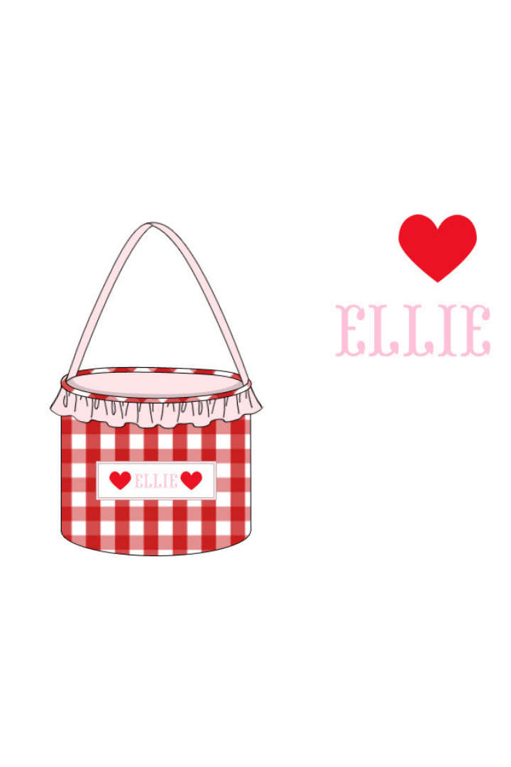 The Smocked Flamingo Apparel & Accessories Red Gingham Hand Smocked Custom Name Valentine Basket-Red Gingham Hearts