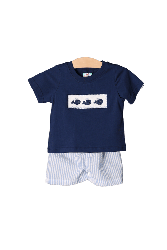 The Smocked Flamingo Apparel & Accessories Smocked Whale Blue Seersucker Short Set