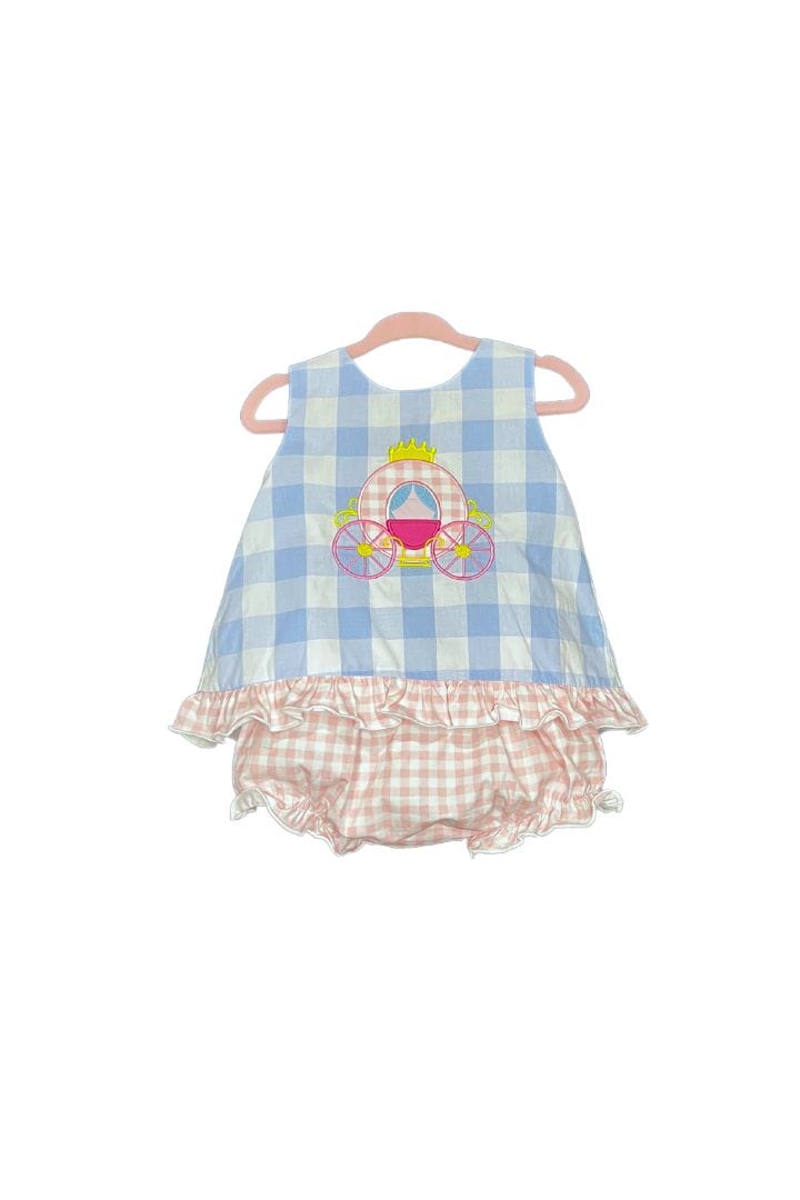 The Smocked Flamingo Blue Gingham Princess Carriage Applique Set