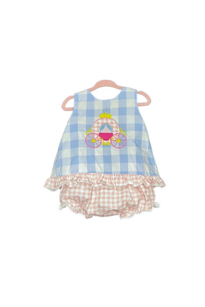 The Smocked Flamingo Blue Gingham Princess Carriage Applique Set