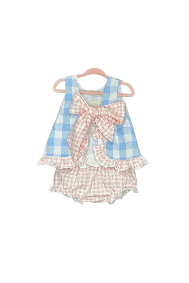 The Smocked Flamingo Blue Gingham Princess Carriage Applique Set