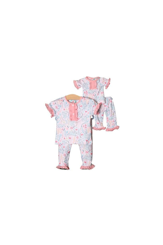 The Smocked Flamingo Floral Easter Bunny Matching DOLL Pajamas