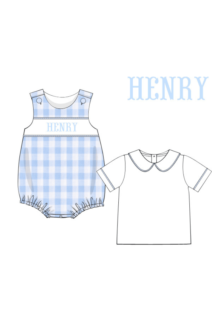 The Smocked Flamingo Hand Smocked Baby Blue Gingham Custom Name Bubble with Shirt