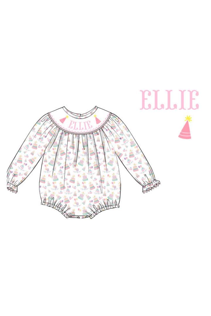 PreOrder Hand Smocked Custom Name Birthday BubbleLong Sleeve