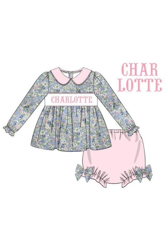 The Smocked Flamingo Hand Smocked Custom Name Blue and Pink Floral Bloomer Set