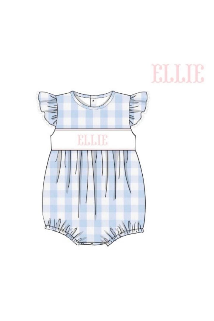 The Smocked Flamingo Hand Smocked Custom Name Blue and White Gingham Bubble