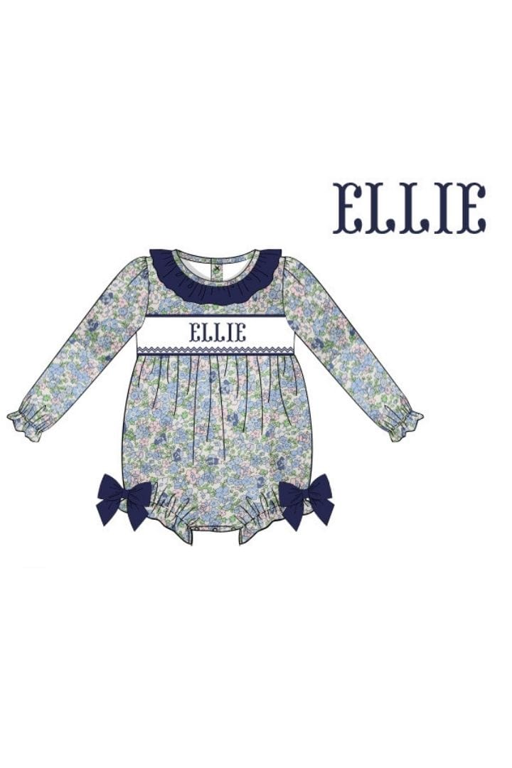 The Smocked Flamingo Hand Smocked Custom Name Blue Bow Floral Bubble