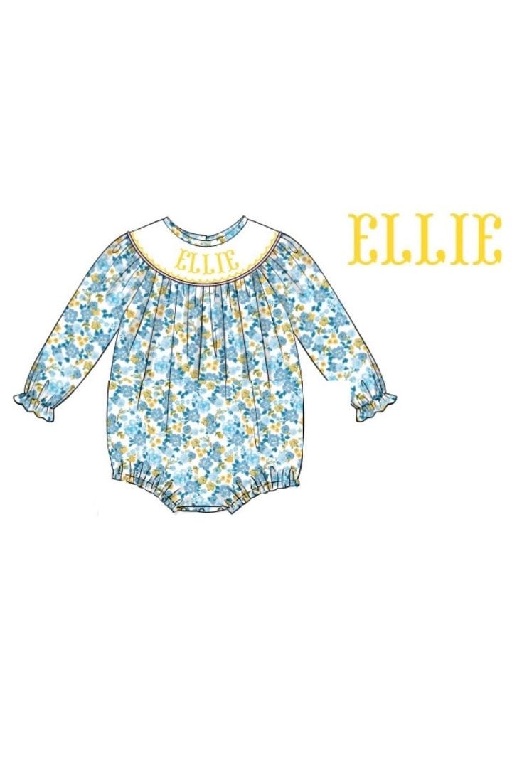 The Smocked Flamingo Hand Smocked Custom Name Blue Floral Bubble