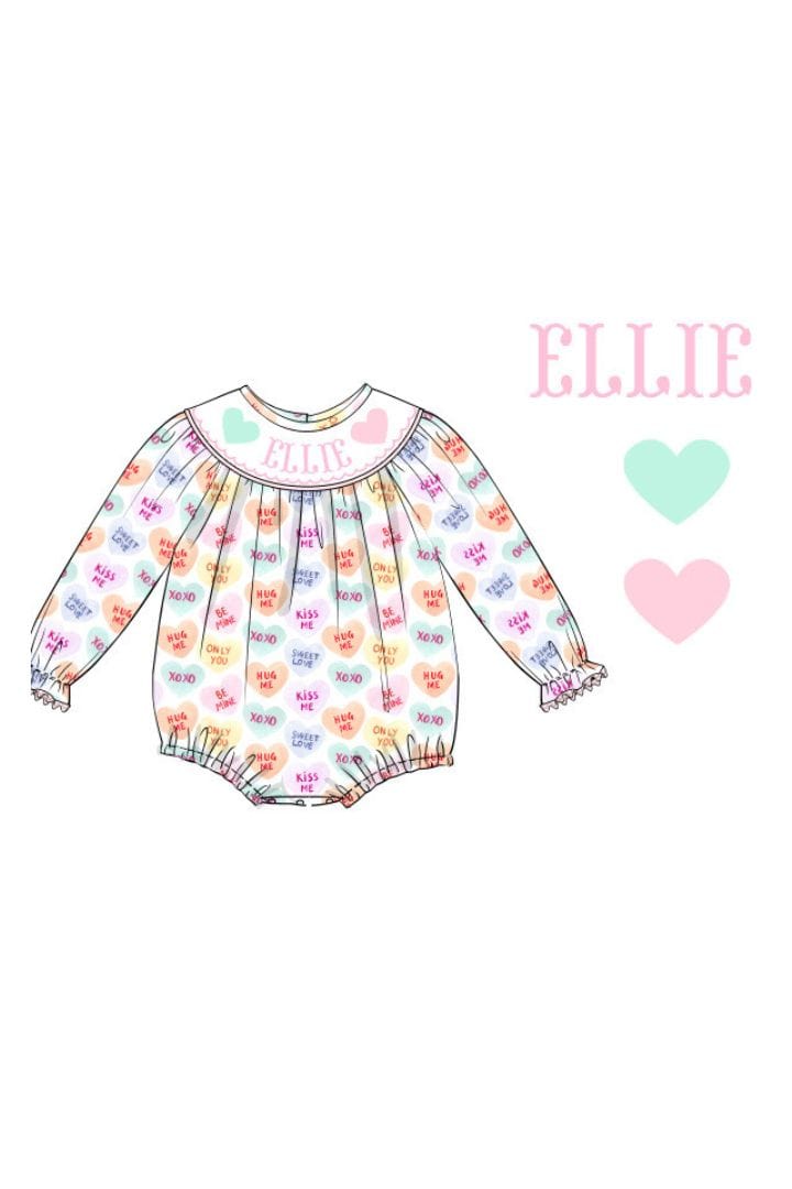 The Smocked Flamingo Hand Smocked Custom Name Candy Hearts Bubble