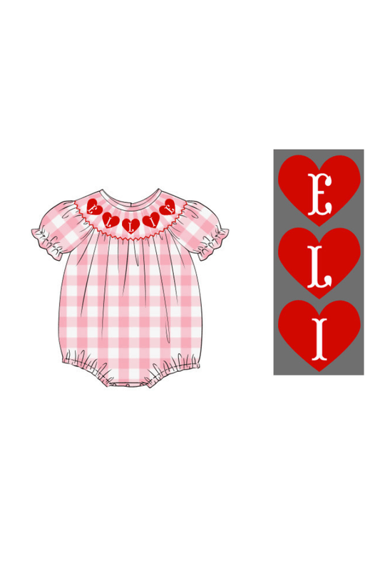 The Smocked Flamingo Hand Smocked Custom Name HEART Pink Gingham Bubble