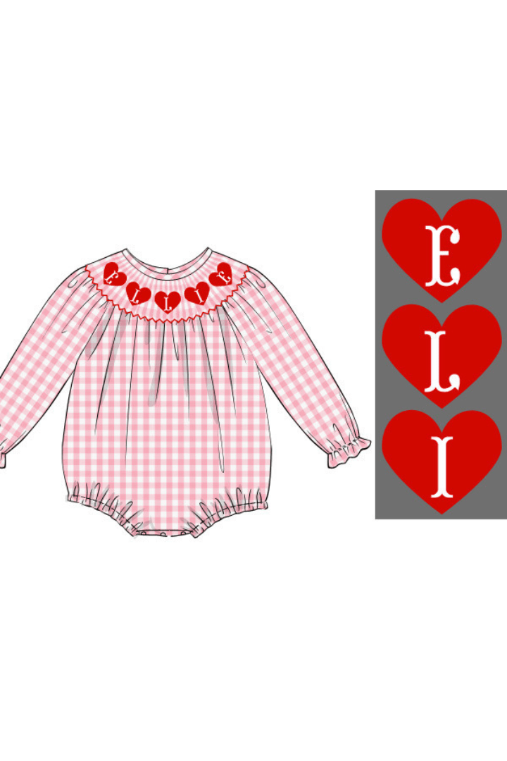 The Smocked Flamingo Hand Smocked Custom Name HEART Pink Gingham Bubble-Long Sleeve