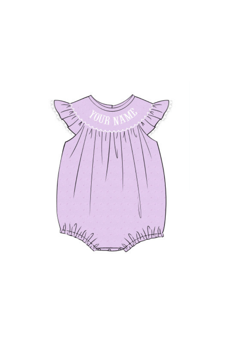 The Smocked Flamingo Hand Smocked Custom Name Lavender Swiss Dot Bubble